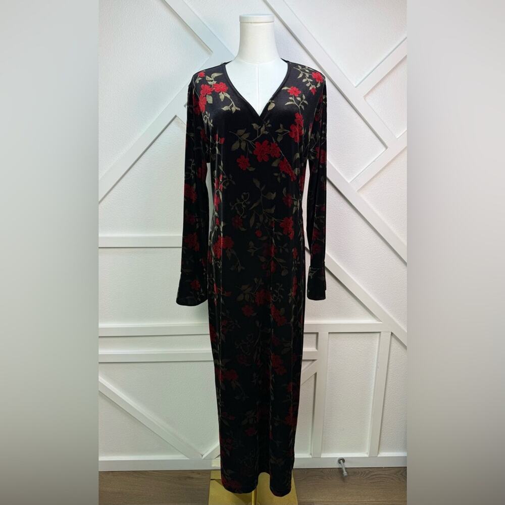 Whimsigoth Y2K Kathie Lee Velvet Floral Maxi Dress Black Red Long Flare Sleeve L